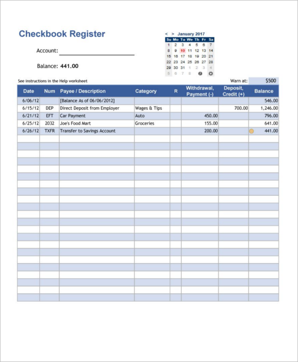 Checkbook Register Templates Free Pdf Excel Format