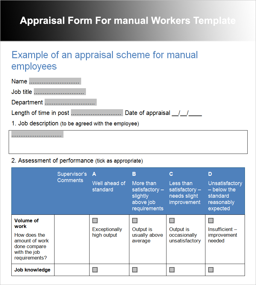 Appraisal Form For manual Workers Template