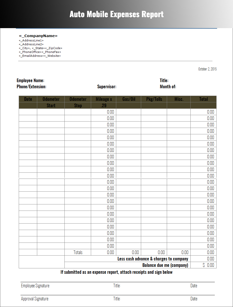 Auto Mobile Expenses Report Template 