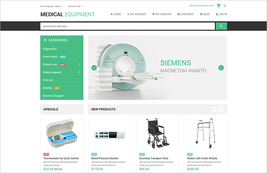 Responsive Medical Equipment Online Store WebSite Magento Template