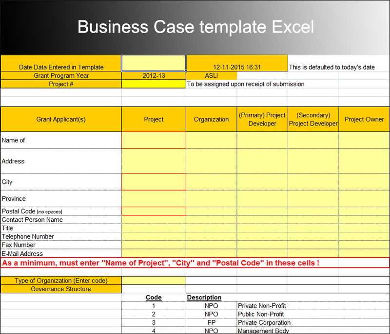 Business Case template Excel