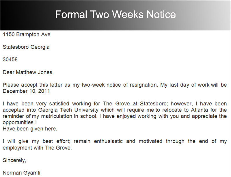 Formal Two Weeks Notice