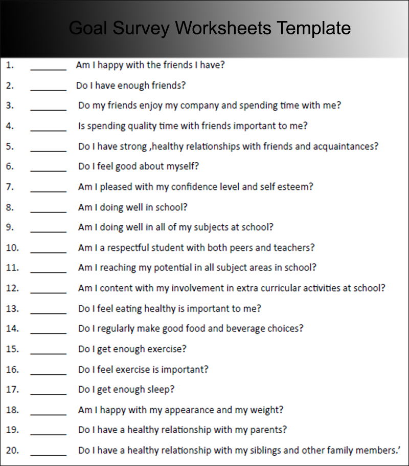 Goal Survey Worksheets Template