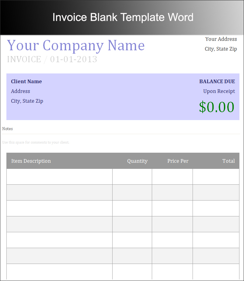 Invoice Blank Template Word