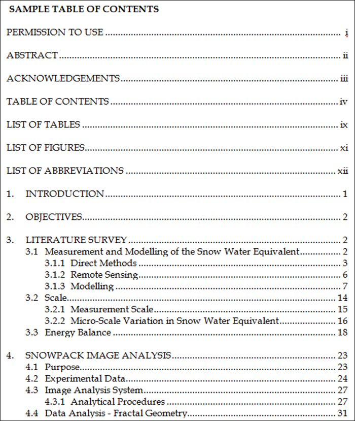 Sample Table Of Contents