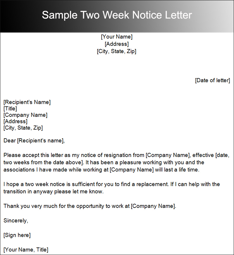Sample Two Week Notice Letter