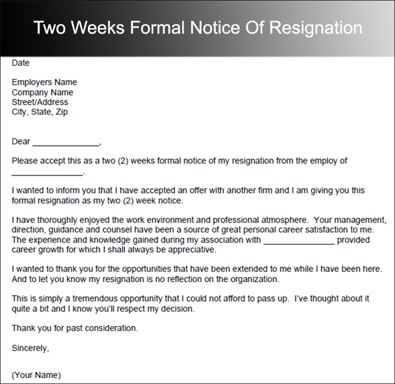 Two Weeks Formal Notice Of Resignation