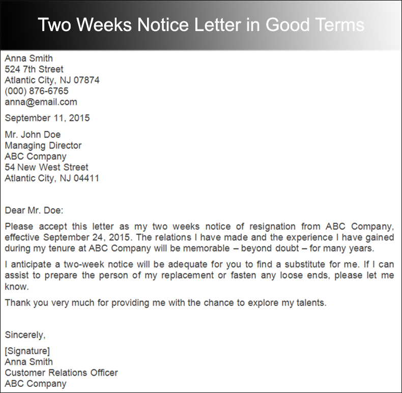Two Weeks Notice Letter in Good Terms