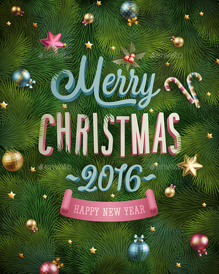 Christmas Poster With Fir tree Texture & Baubles
