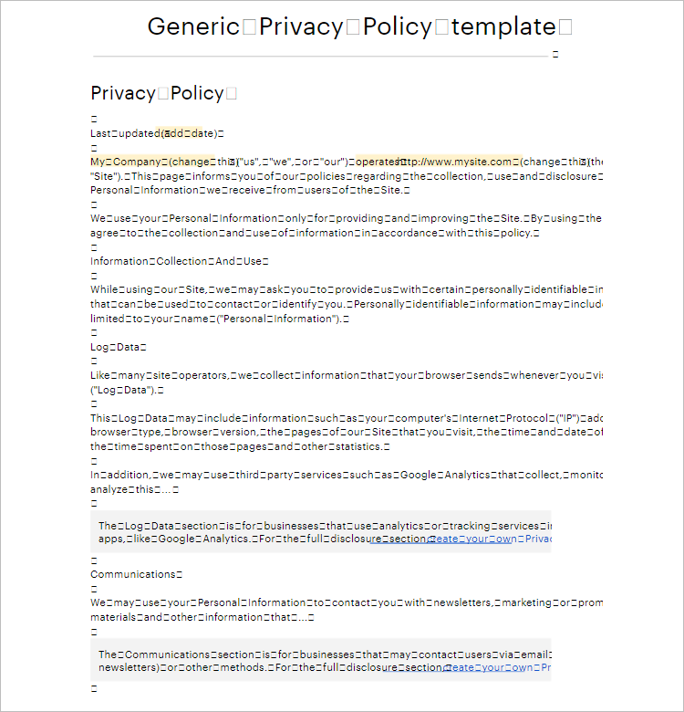General Privacy Policy Template
