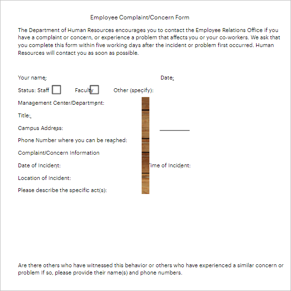 Employee Complaint Write Up Form Template