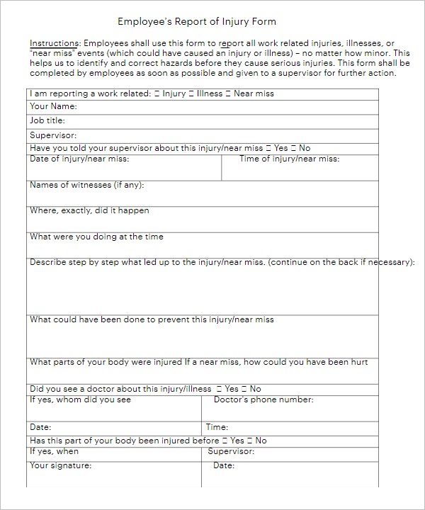Employee Injury Report Form Write Up Template