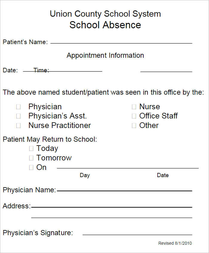 School Absence Doctors Note Template