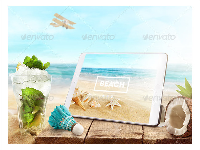 Mock-Up Laptop and tablet (PSD). Beach style