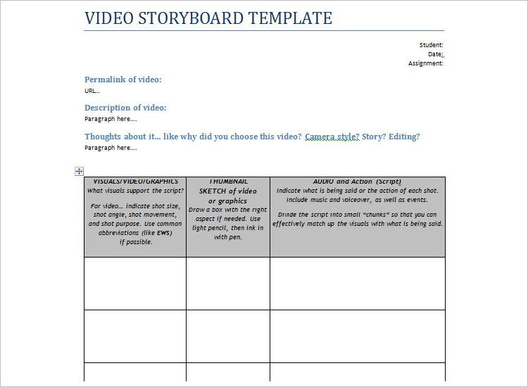 Printable Video Storyboard Template