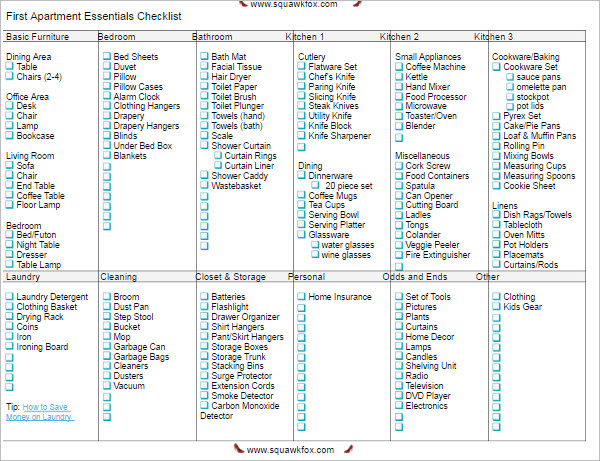 Apartment Essentials Checklist Template