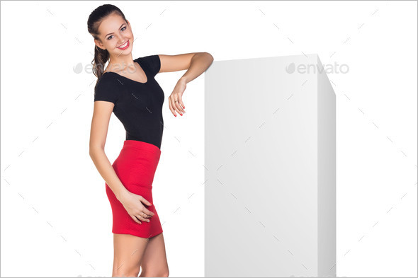 Businesswoman leaned on white blank box picture