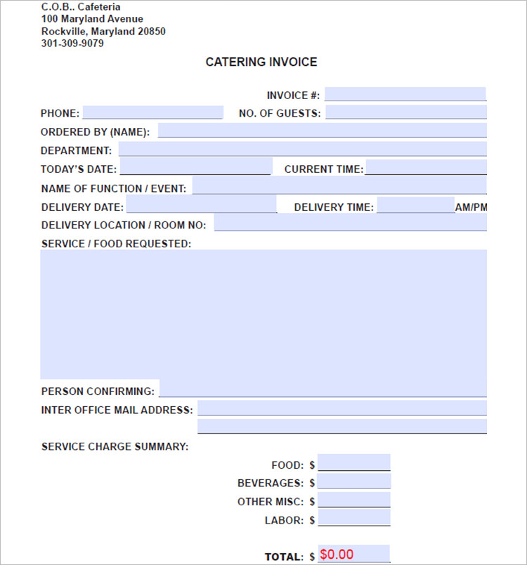 Catering Invoice Template Word PDF