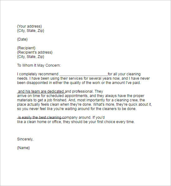 Cleaning Recommendation Letter