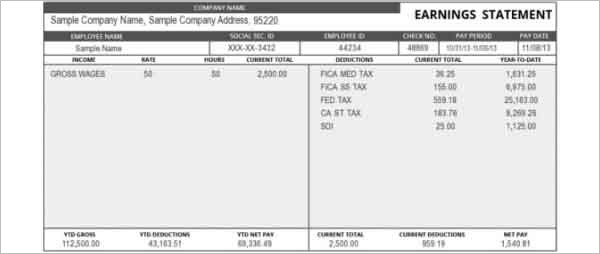 Earning Statement Pay Stub Template Online