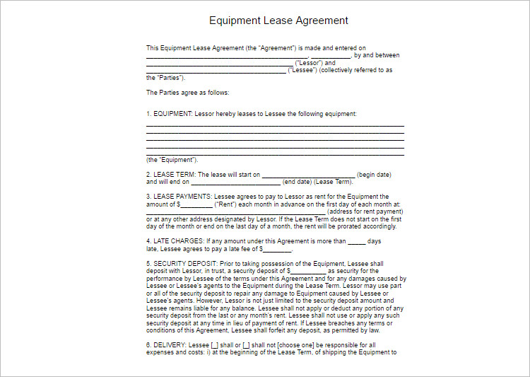 Equipment Lease Agreement Template Format