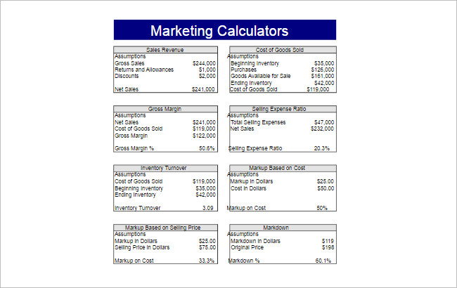 Marketing Calculators Spreadsheet Template