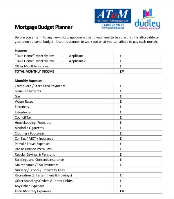 Monthly Mortgage Budget Planner Template