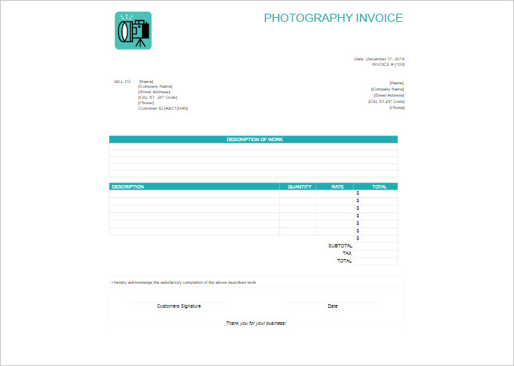 Photography Invoice Template Word Document