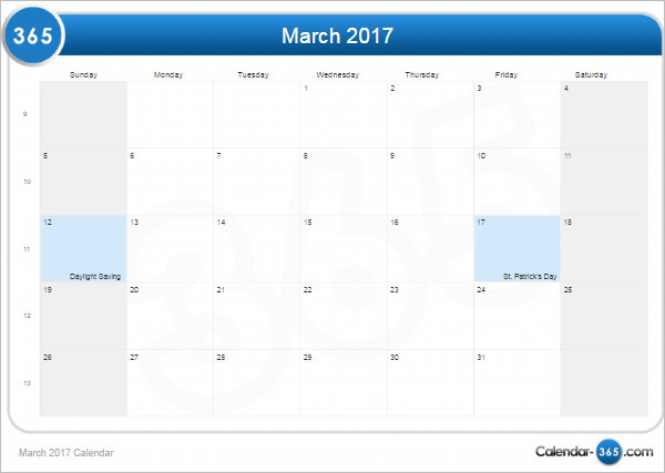 Printable March 2017 Calendar Templete