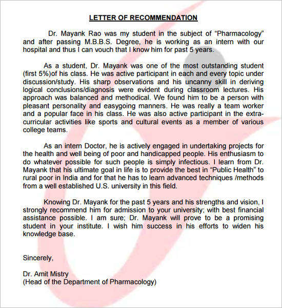Recommendation Letter for Medical (MBBS-Work Experience)