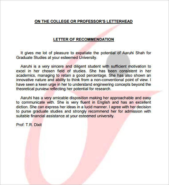 Recommendation Letter for Undergraduate Studies