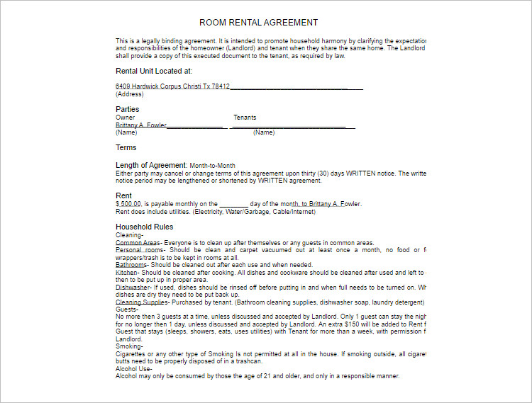 Room rental agreement Template form