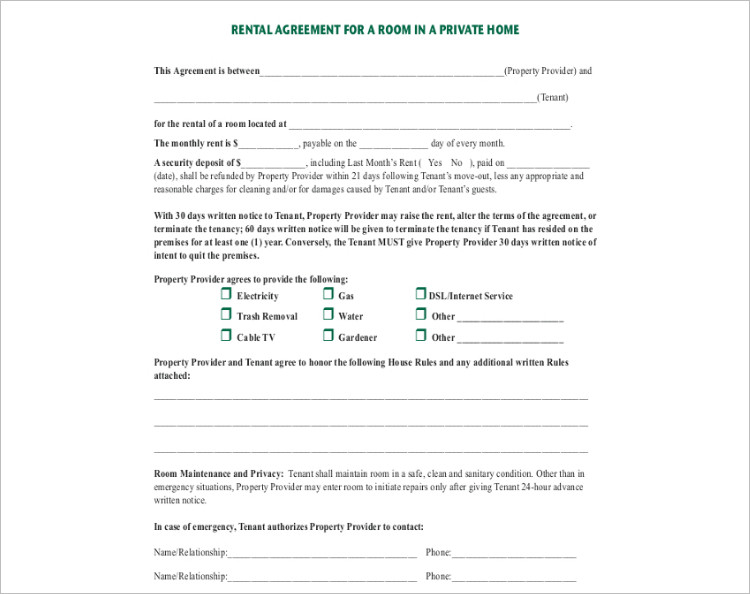 Room rental agreement template Word Form