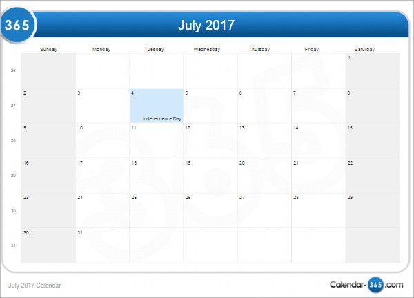 Sample July 2017 Calendar Template