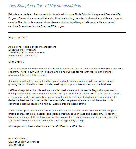 Sample Letter of Recommendation For Admission