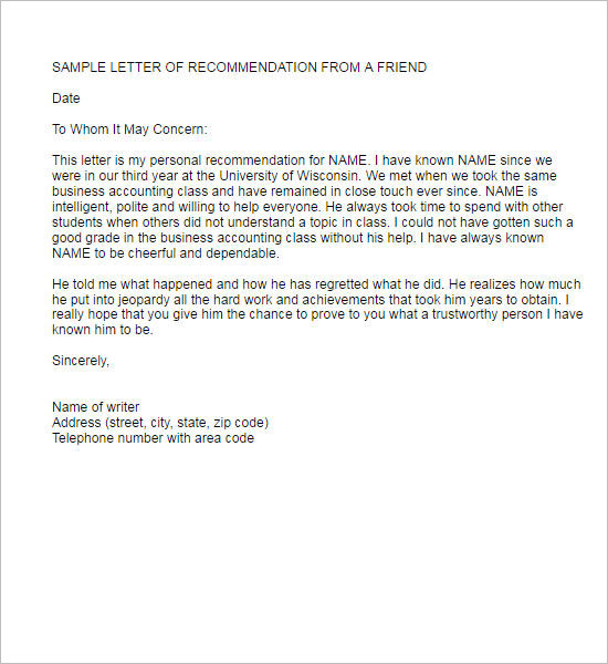 Sample Recommendation Letter From A Friend Pdf Download