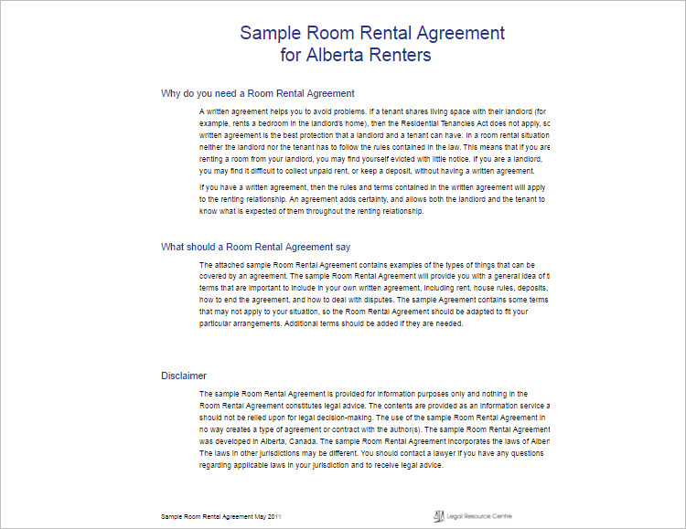 Sample Room Rental agreement template