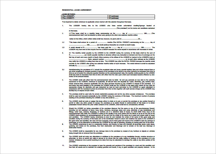 Standared Lease Agreement Template