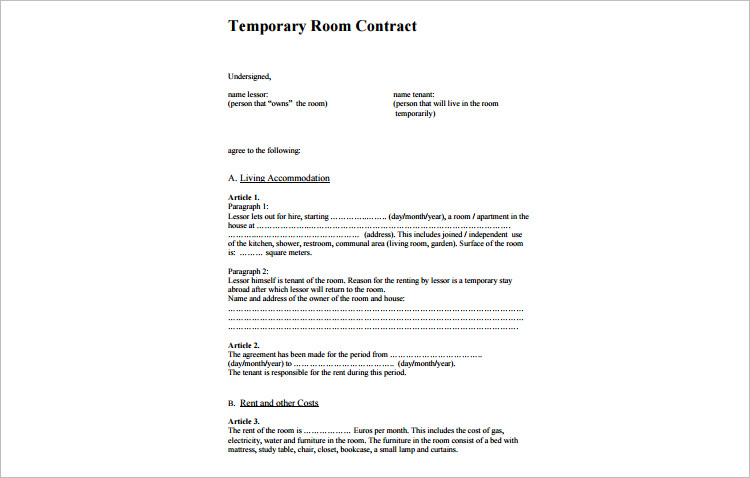 Temporary Room Rental agreement template