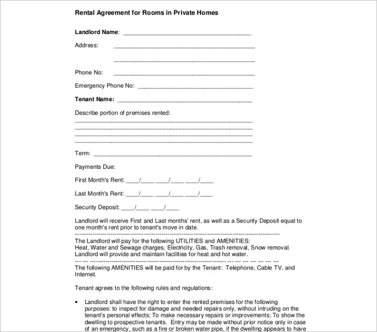 editable Room rental agreement template