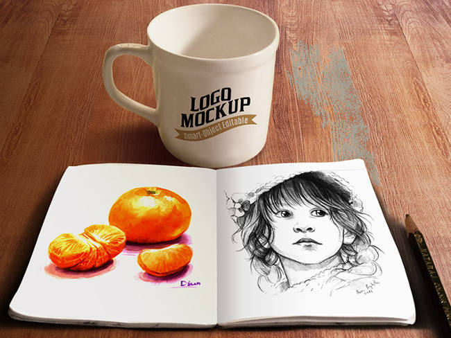 sketch book with cofee cup