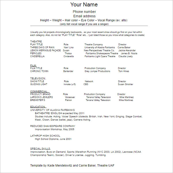 Acting Resume Template Word Excel
