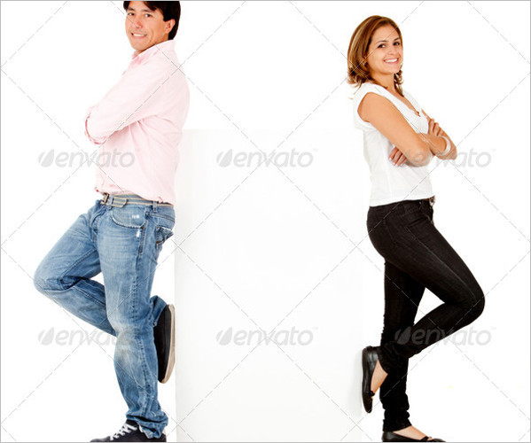 Couple with a banner isolated over a white background
