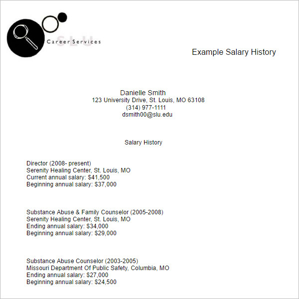 Salary History Example Resume Template
