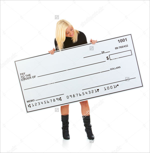 Woman In Black Dress Holding Up Large Blank Check