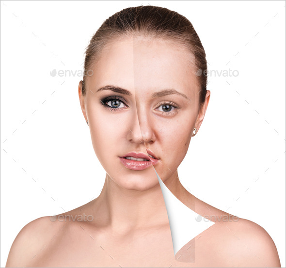 Face of beautiful woman before and after retouch over white background