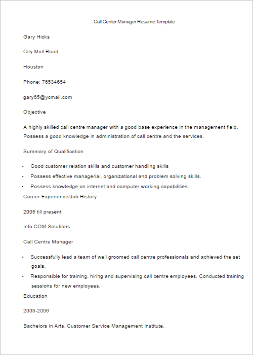Call Centre Manager Resume Template