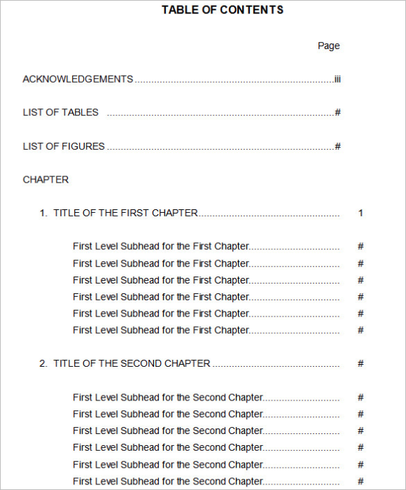 Example Of Table Of Content Form