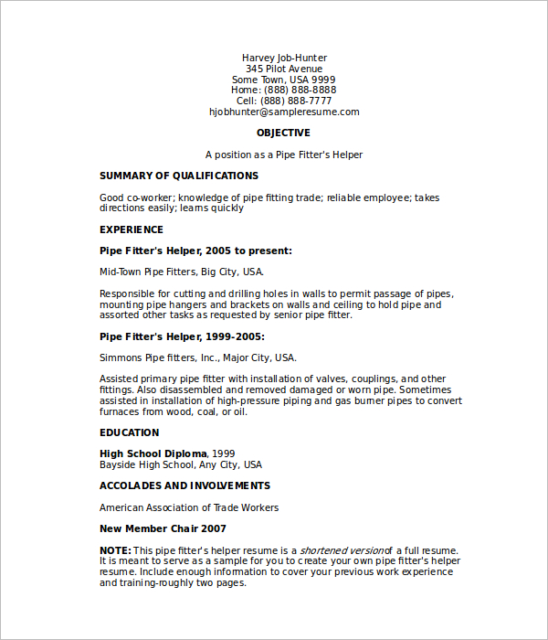 6 Sample Pipefitter Resume Templates - Helper Pipefitter Resume Template 