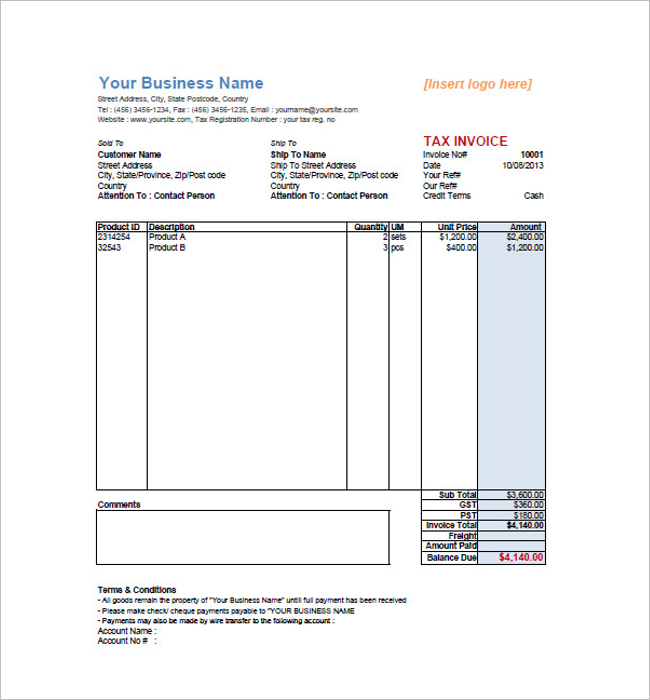 Tax Invoice Template Document